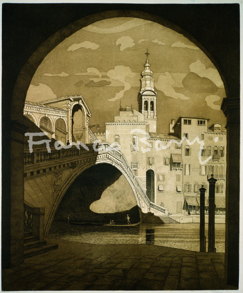Etching, Sepia, Rialto, Bridge, Venice