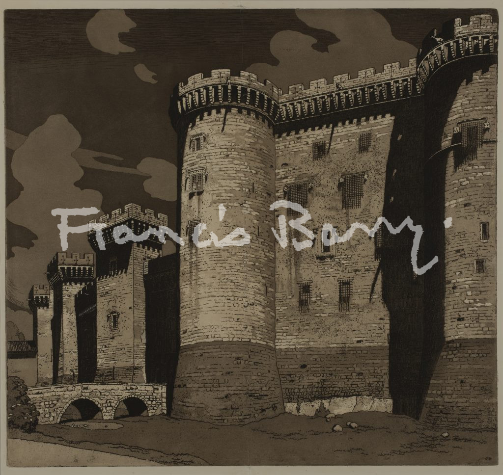 sir claude francis barry, etching, carcasonne, france, ramparts