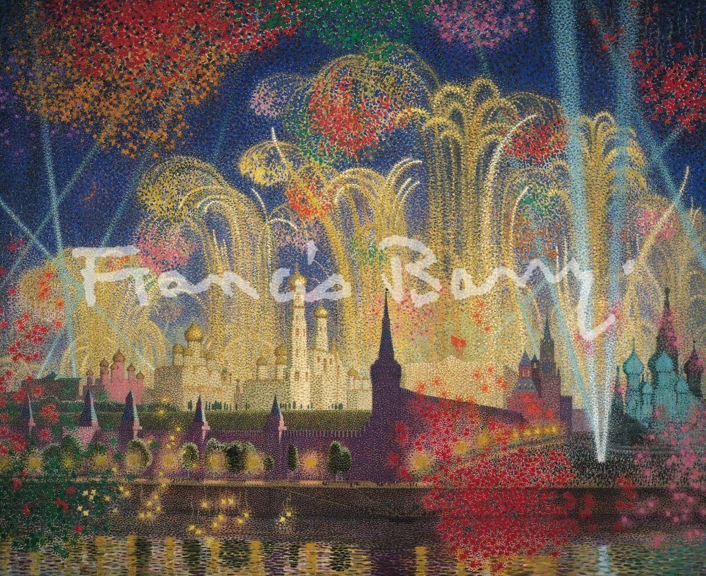 sir claude francis barry, wartime, pointillism, celebrations, fireworks, moscow, peace, oil on canvas